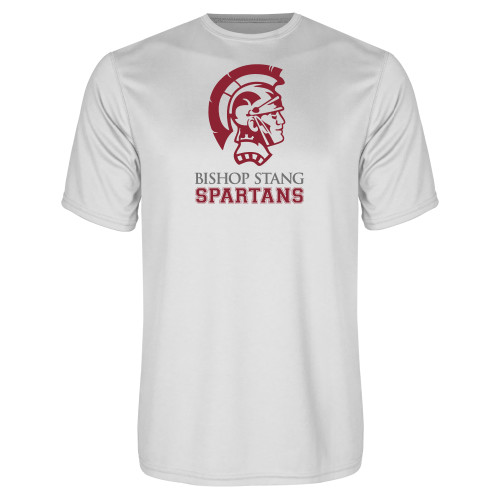  White Performance Tee - Bishop Stang Spartans w Spartan Head Stacked