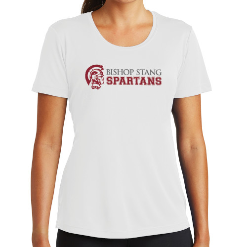  Womens White Performance Tee - Bishop Stang Spartans w Spartan Head
