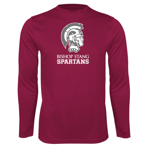  Maroon Performance Long Sleeve Shirt - Bishop Stang Spartans w Spartan Head Stacked