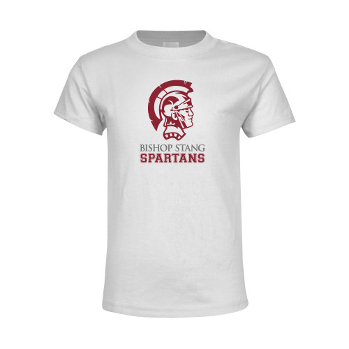  Youth White T Shirt - Bishop Stang Spartans w Spartan Head Stacked