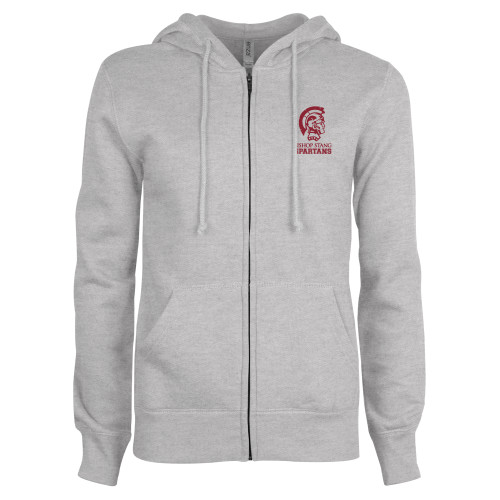  ENZA Womens Grey Fleece Full Zip Hoodie - Bishop Stang Spartans w Spartan Head Stacked