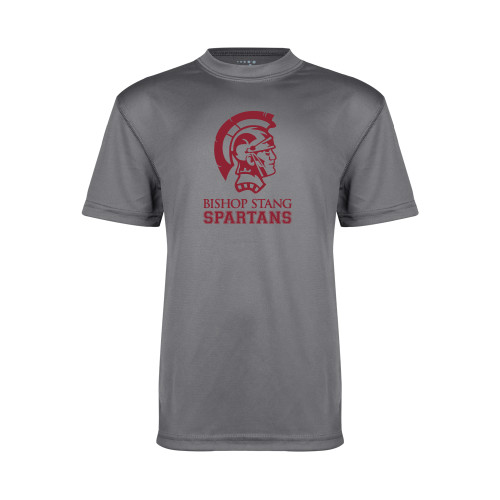  Youth Performance Grey Concrete Tee - Bishop Stang Spartans w Spartan Head Stacked