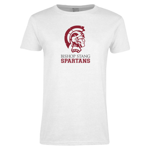  Womens White Short Sleeve Tee - Bishop Stang Spartans w Spartan Head Stacked