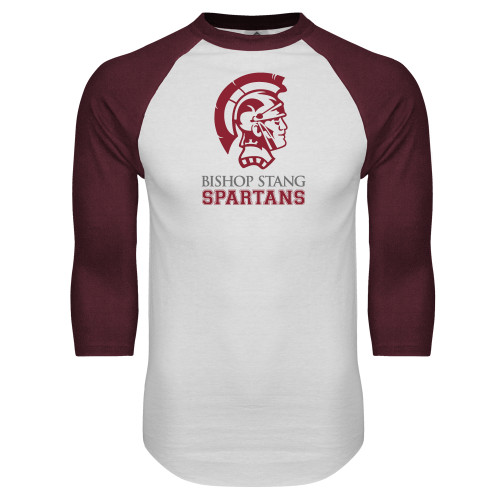  White/Maroon Raglan Baseball T Shirt - Bishop Stang Spartans w Spartan Head Stacked