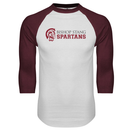  White/Maroon Raglan Baseball T Shirt - Bishop Stang Spartans w Spartan Head