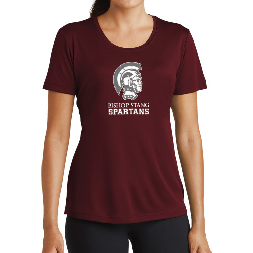  Womens Maroon Performance Short Sleeve Tee - Bishop Stang Spartans w Spartan Head Stacked