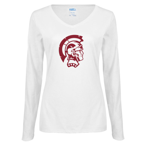  Womens White Long Sleeve V Neck Tee - Spartan
