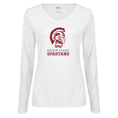  Womens White Long Sleeve V Neck Tee - Bishop Stang Spartans w Spartan Head Stacked