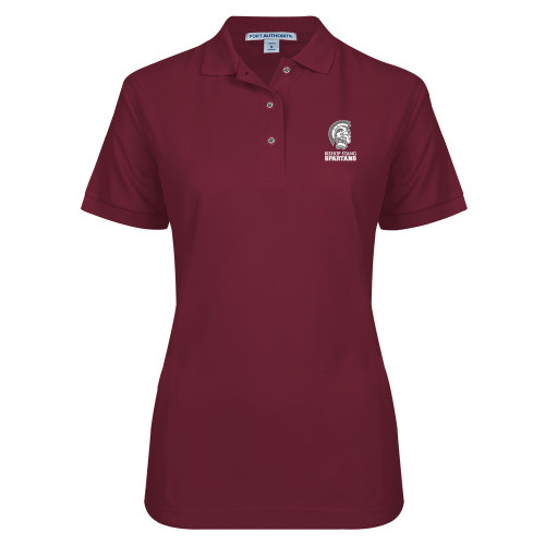  Womens Silk Touch Maroon Pique Polo - Bishop Stang Spartans w Spartan Head Stacked