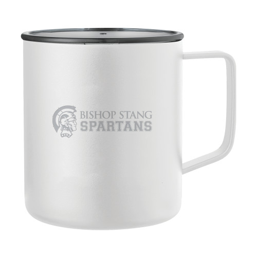  Rover Camp Vacuum Insulated White Mug 14oz - Bishop Stang Spartans w Spartan Head Engraved