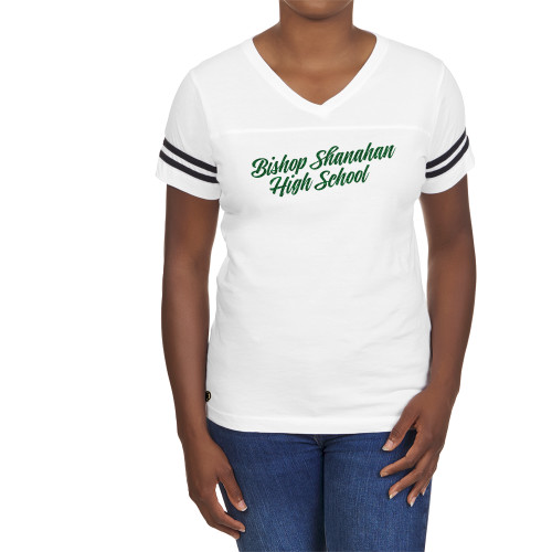  Fall Rush Ladies White 60/40 Football Tee - S - Kelly Green Glitter