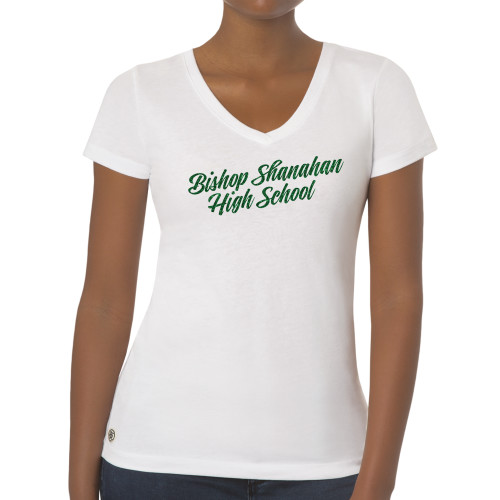 Fall Rush Ladies White V Neck Tee - S - Kelly Green Glitter