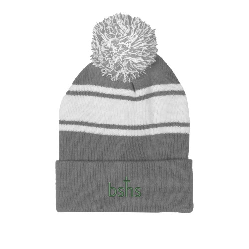  Grey/White Two Tone Knit Pom Beanie w/Cuff - Bishop Shanahan High School BSHS