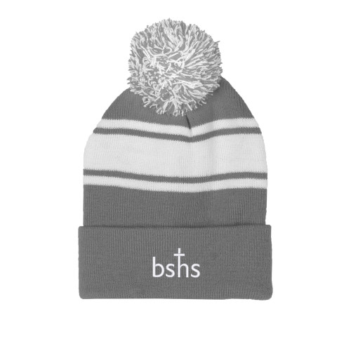  Grey/White Two Tone Knit Pom Beanie w/Cuff - Bishop Shanahan High School BSHS