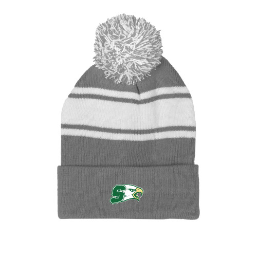  Grey/White Two Tone Knit Pom Beanie w/Cuff - Bishop Shanahan Athletic S with Eagle