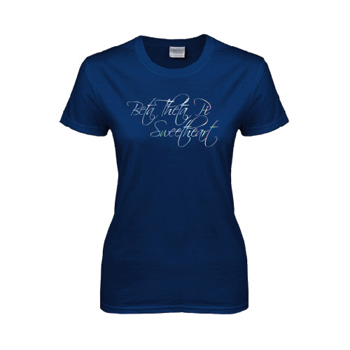 Womens Short Sleeve Navy Tee-Beta Theta Pi Sweetheart Script