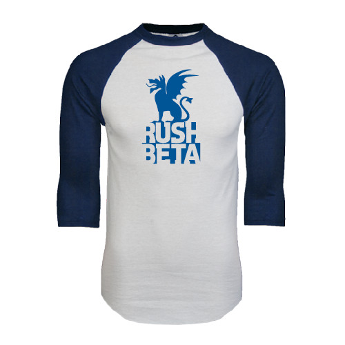  White/Navy Raglan Baseball T Shirt - Rush Beta Stacked