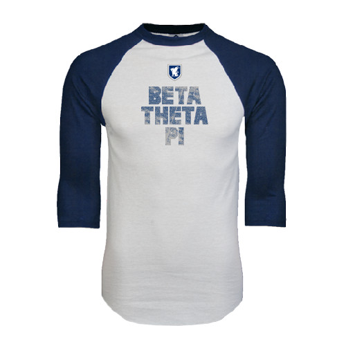  White/Navy Raglan Baseball T Shirt - Stacked BTP with pattern