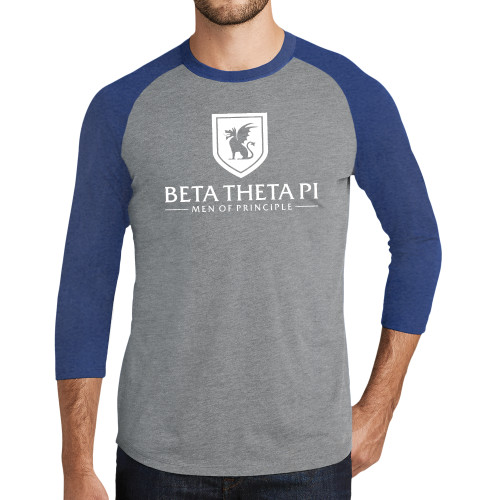 Grey/Royal Heather Triblend Baseball Raglan Tee-Official Logo