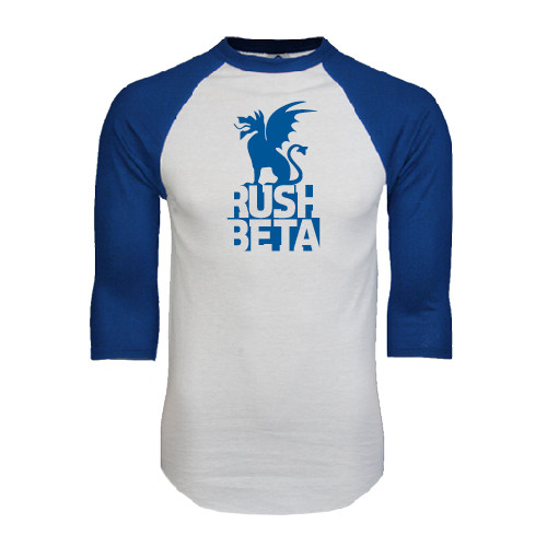 White/Royal Raglan Baseball T Shirt-Rush Beta Stacked