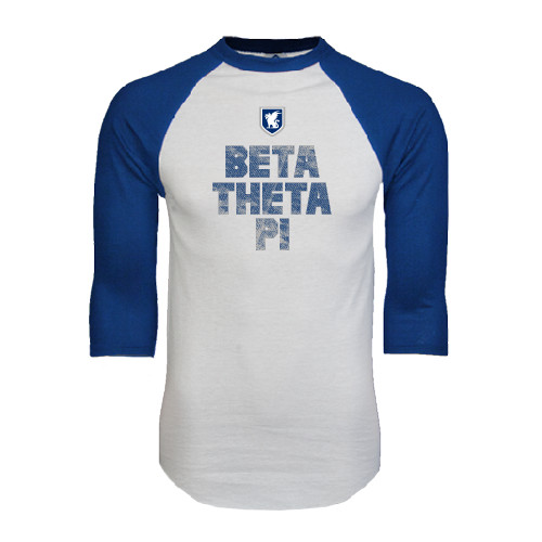 White/Royal Raglan Baseball T Shirt-Stacked BTP with pattern