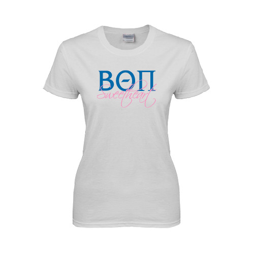 Womens White Short Sleeve Tee-Beta Theta Pi Sweetheart Stacked Simple
