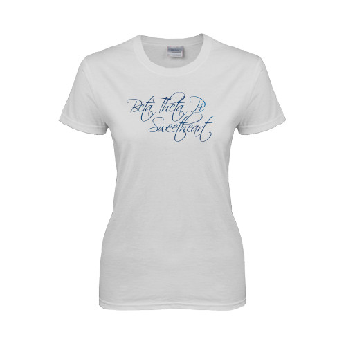 Womens White Short Sleeve Tee-Beta Theta Pi Sweetheart Script