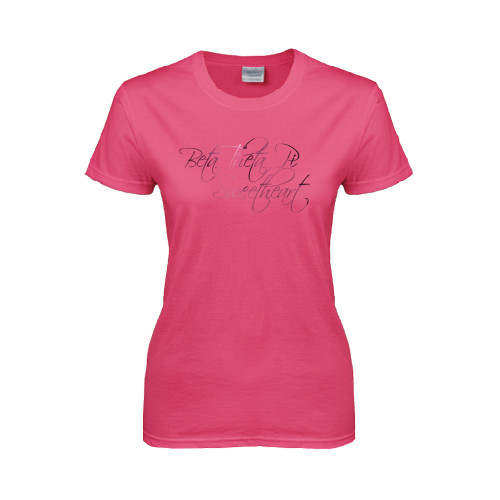 Womens Hot Pink Short Sleeve Tee-Beta Theta Pi Sweetheart Script