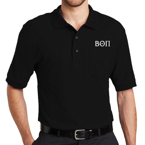 Black Silk Touch Polo w/ Pocket-Beta Theta Pi Greek Letters