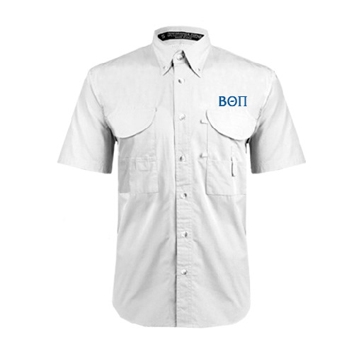 White Fishing Shirt Performance Short Sleeve-Beta Theta Pi Greek Letters