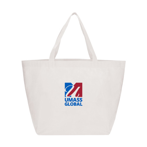  Yaya Non Woven White Shopper Tote - UMass Global Primary Logo Stacked