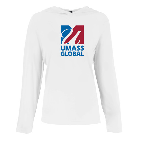  Womens White Long Sleeve Hooded Tee - UMass Global Primary Logo Stacked