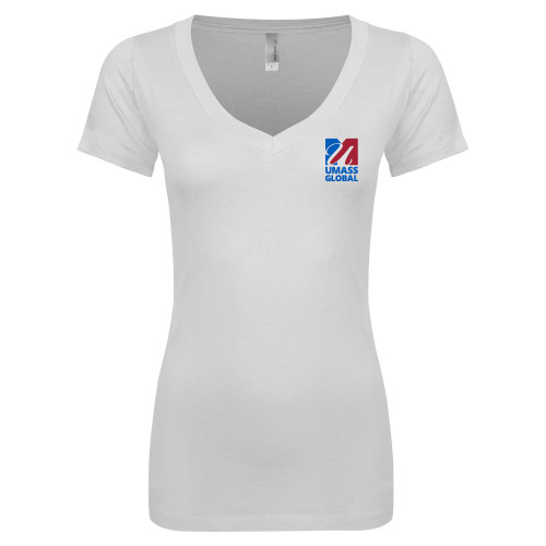  Next Level Womens White Ideal V Tee - UMass Global Primary Logo Stacked