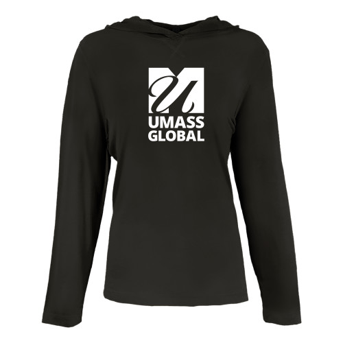  Womens Black Long Sleeve Hooded Tee - UMass Global Primary Logo Stacked