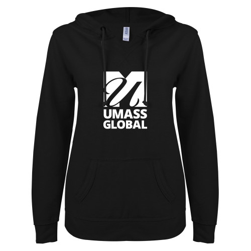  ENZA Womens Black V Notch Raw Edge Fleece Hoodie - UMass Global Primary Logo Stacked