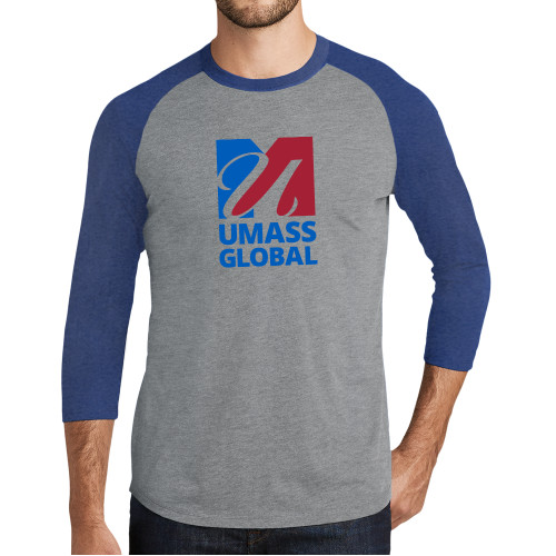  Grey/Royal Heather Triblend Baseball Raglan Tee - UMass Global Primary Logo Stacked