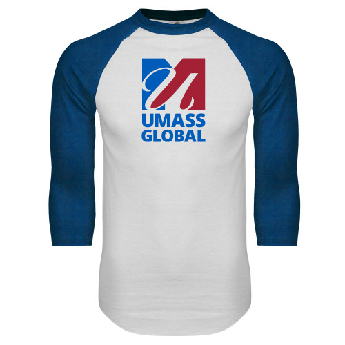  White/Royal Raglan Baseball T Shirt - UMass Global Primary Logo Stacked