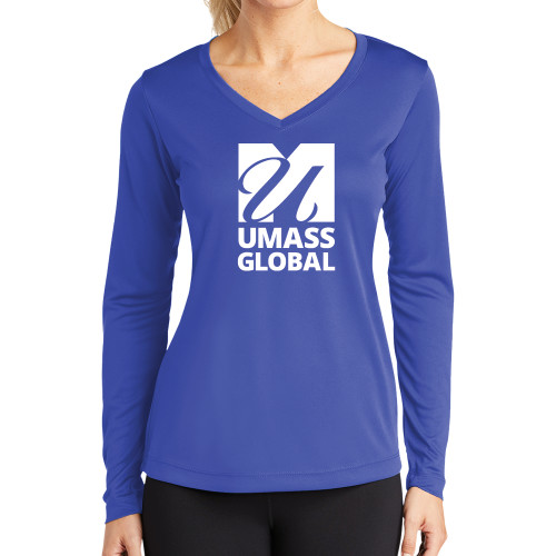  Womens Royal Performance Long Sleeve V Neck Shirt - UMass Global Primary Logo Stacked