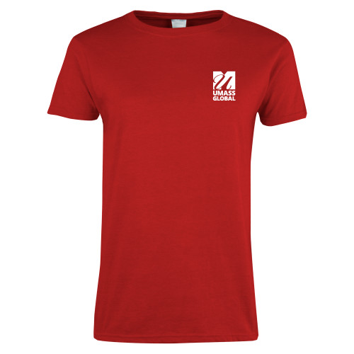  Womens Short Sleeve Red Tee - UMass Global Primary Logo Stacked