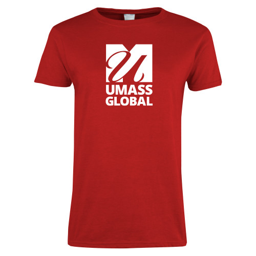  Womens Short Sleeve Red Tee - UMass Global Primary Logo Stacked