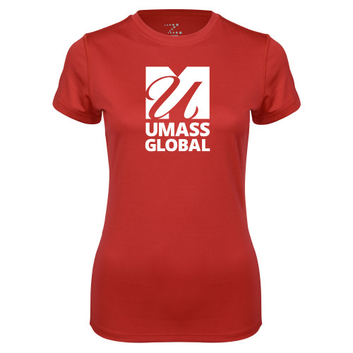  Womens Red Performance Tee - UMass Global Primary Logo Stacked