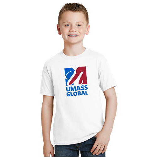  Youth White T Shirt - UMass Global Primary Logo Stacked