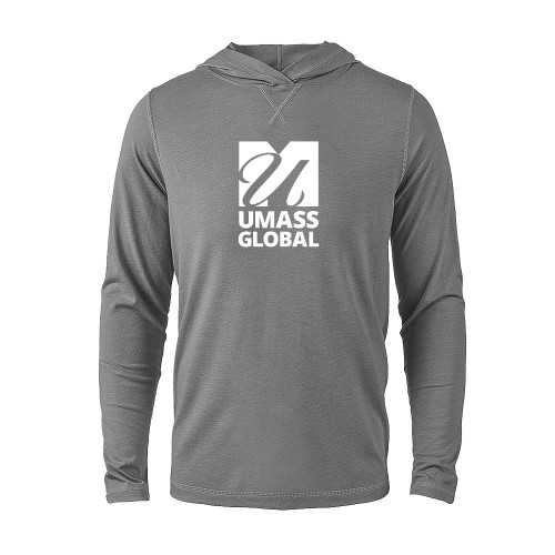  Grey Heather Long Sleeve Hooded Tee - UMass Global Primary Logo Stacked