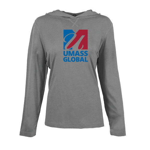  Womens Grey Heather Long Sleeve Hooded Tee - UMass Global Primary Logo Stacked