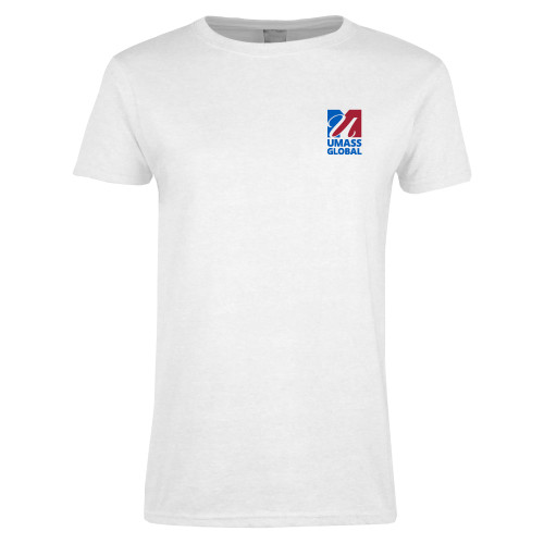  Womens White Short Sleeve Tee - UMass Global Primary Logo Stacked