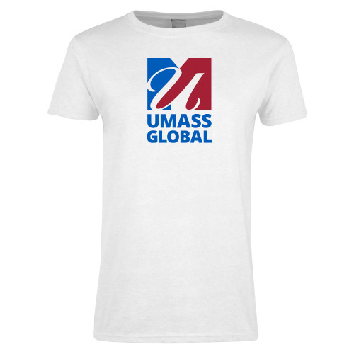  Womens White Short Sleeve Tee - UMass Global Primary Logo Stacked
