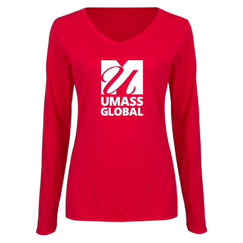  Womens Red Long Sleeve V Neck Tee - UMass Global Primary Logo Stacked