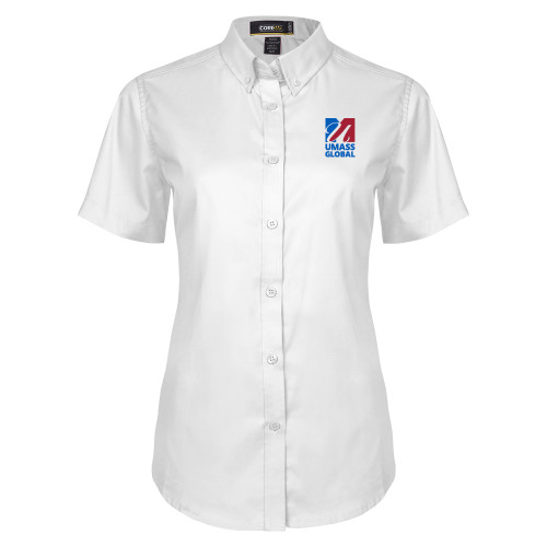 Womens White Twill Button Up Short Sleeve - UMass Global Primary Logo Stacked