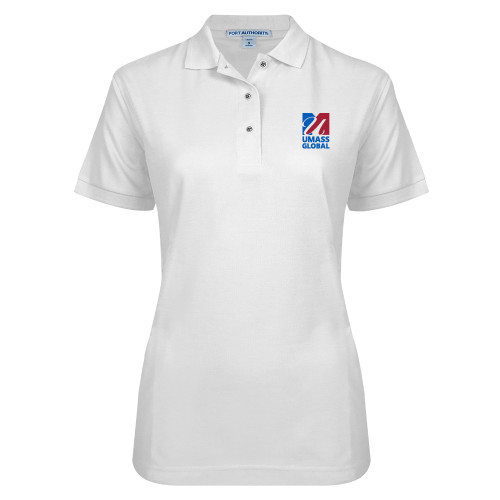  Womens Silk Touch White Pique Polo - UMass Global Primary Logo Stacked