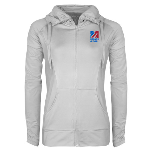  Womens White Sport Wick Stretch Full Zip Jacket - UMass Global Primary Logo Stacked
